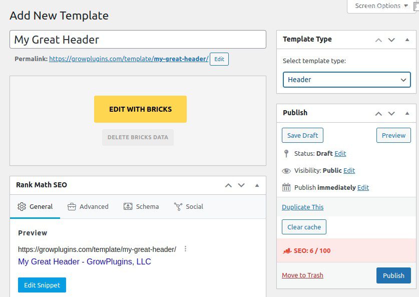 Add New Template page in Bricks Builder.