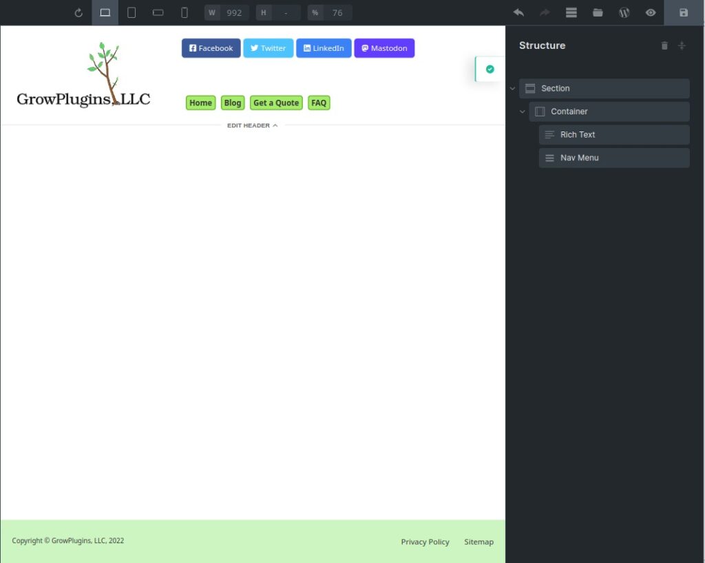 The footer for the GrowPlugins, LLC website is shown in the Bricks Builder editor.